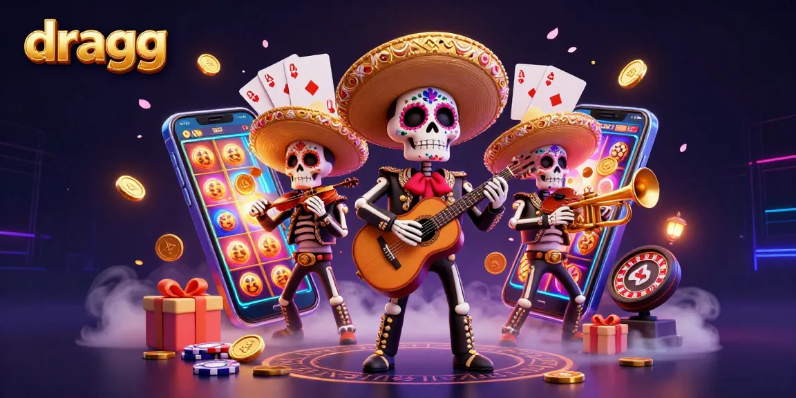 Experience the vibrant world of dragg with a lively mariachi band and colorful casino games in an artistic 3D illustration.