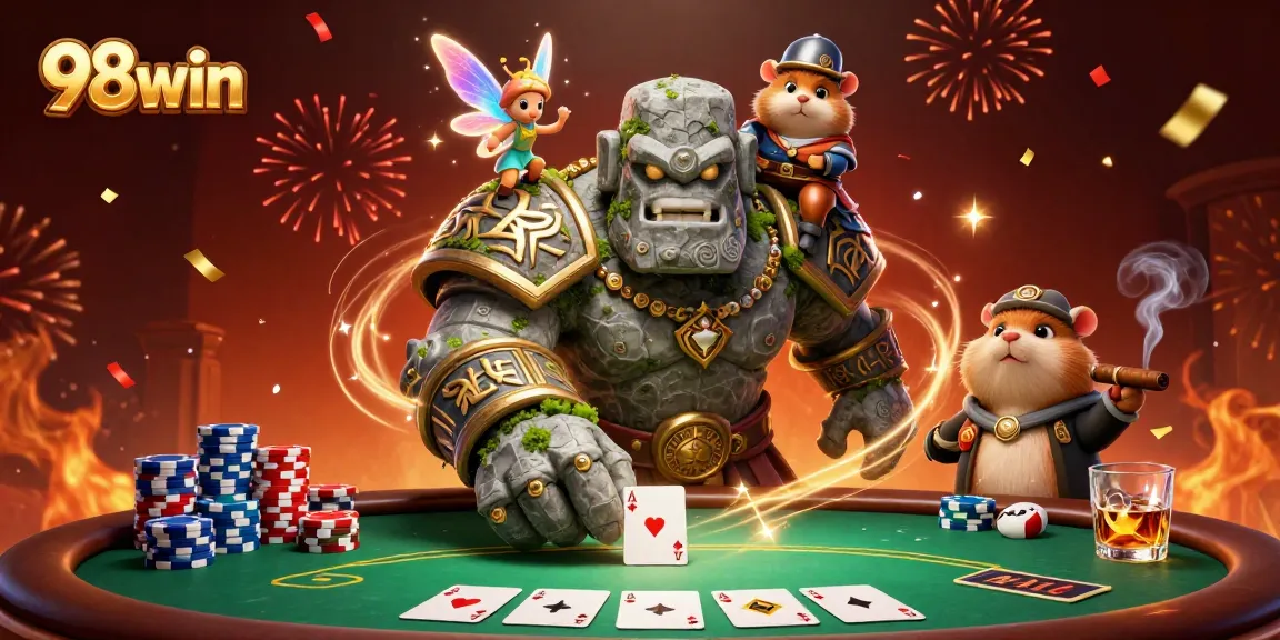 Play poker with the enchanting 98win characters amidst lavish celebrations and magical sparkles.