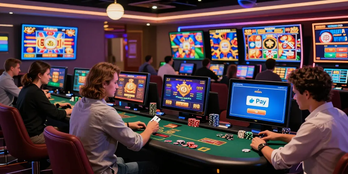 Engaging players enjoying games at online casinos that accept credit cards, featuring vibrant screens and modern banking options.