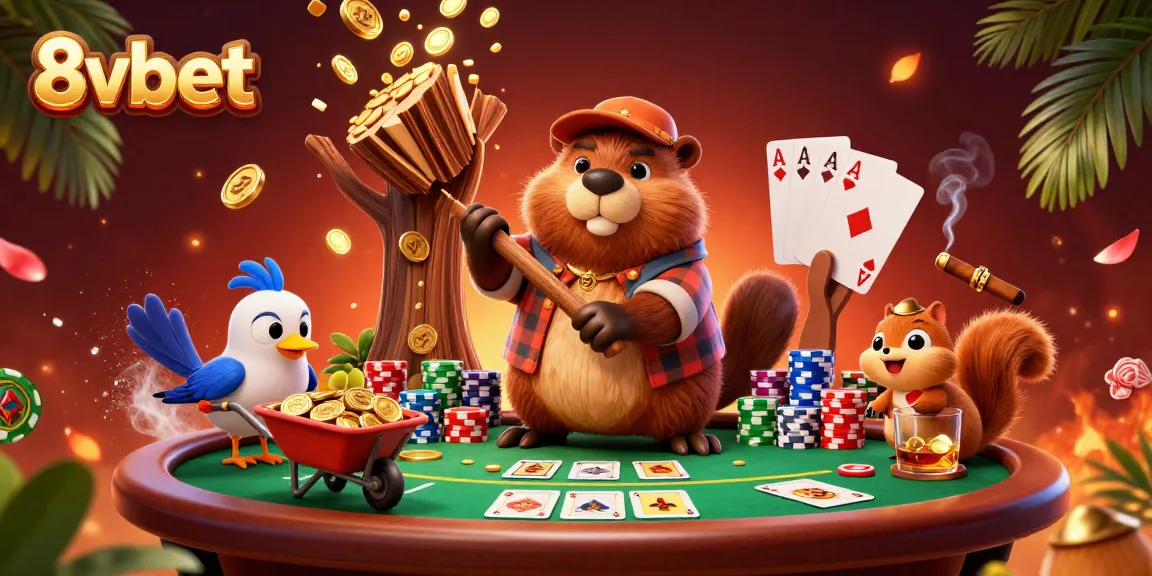 Experience vibrant 8vbet casino action with our cartoon beaver friend collecting golden coins!