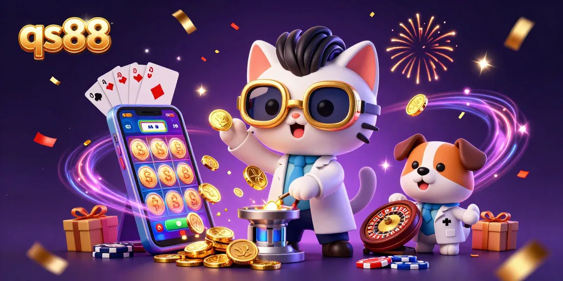 Experience excitement at qs88 with cartoon characters in a dynamic casino scene featuring rich slot game elements.