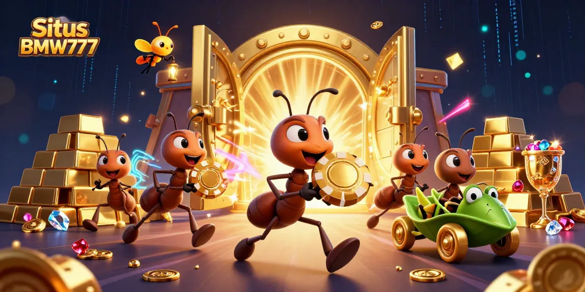 Engage in high-stakes fun at Situs BMW777 with cartoon ants executing a casino heist.