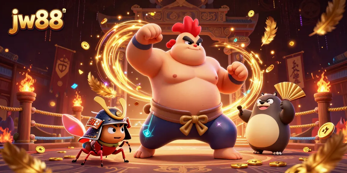 Experience exhilarating gameplay at jw88 with a dynamic sumo rooster and samurai cricket in action.