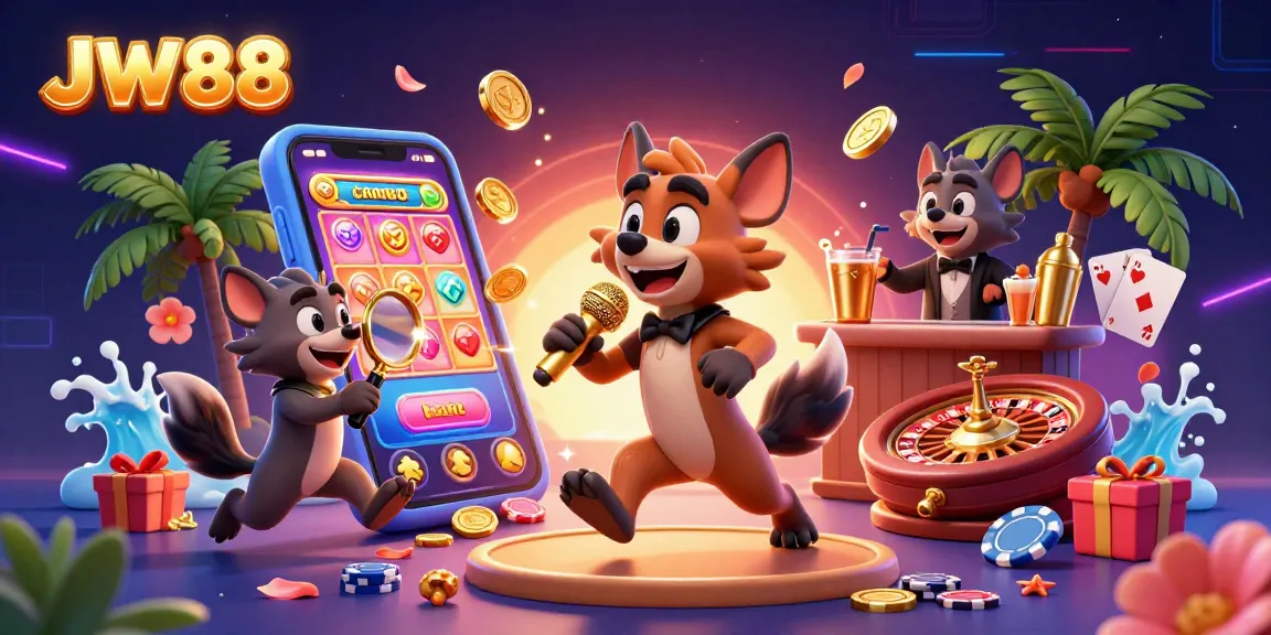Experience JW88 casino fun with hyenas showcasing games and excitement, including slots and poker.