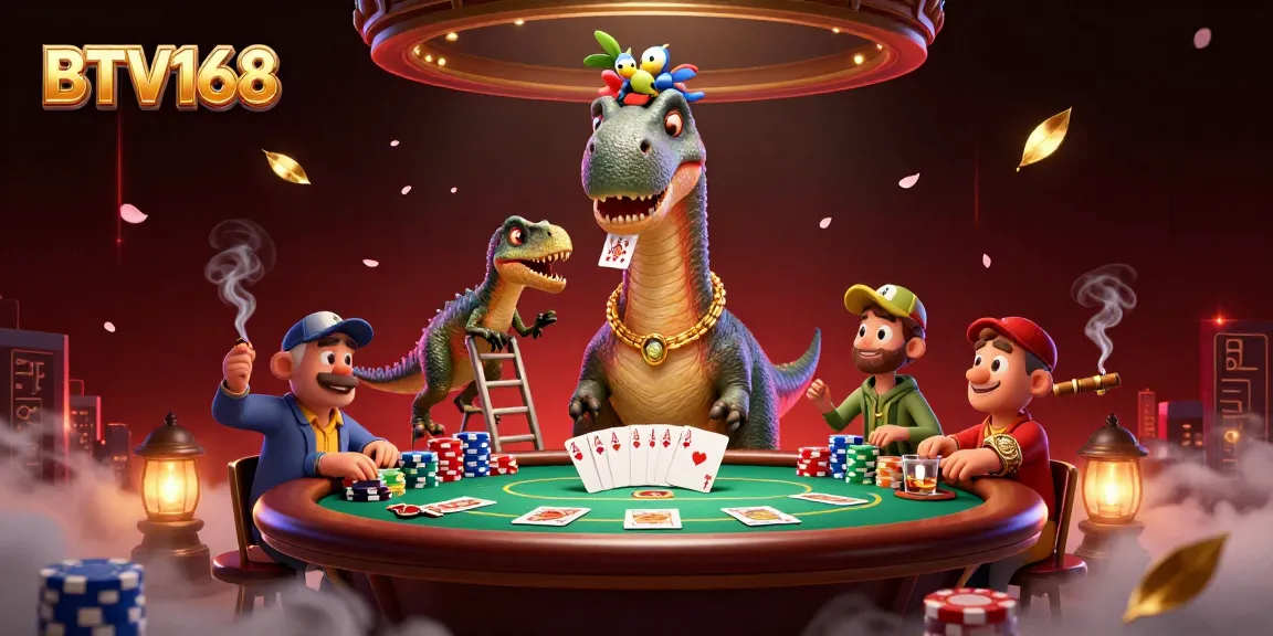 BTV168 delivers an exciting poker scene with a lively brontosaurus dealer and raptor, filled with thrilling cards and poker chips.