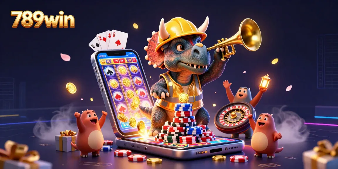 Join the celebration with 789win as the triceratops builds poker chip pyramids in a lively casino scene.