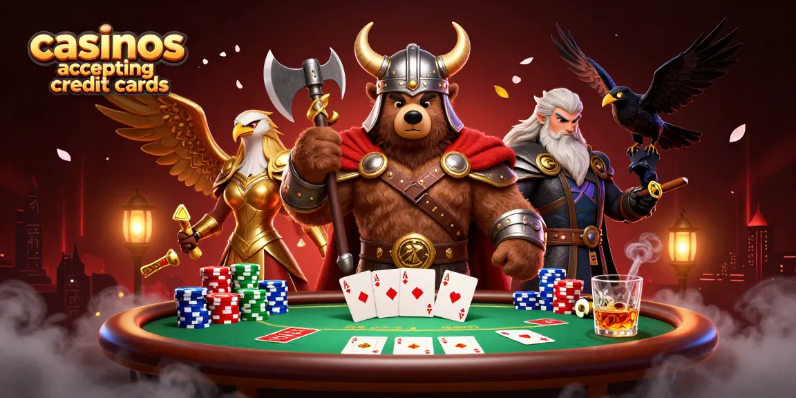 Experience thrilling gameplay at casinos accepting credit cards with Viking berserker, Valkyrie eagle, and poker elements.