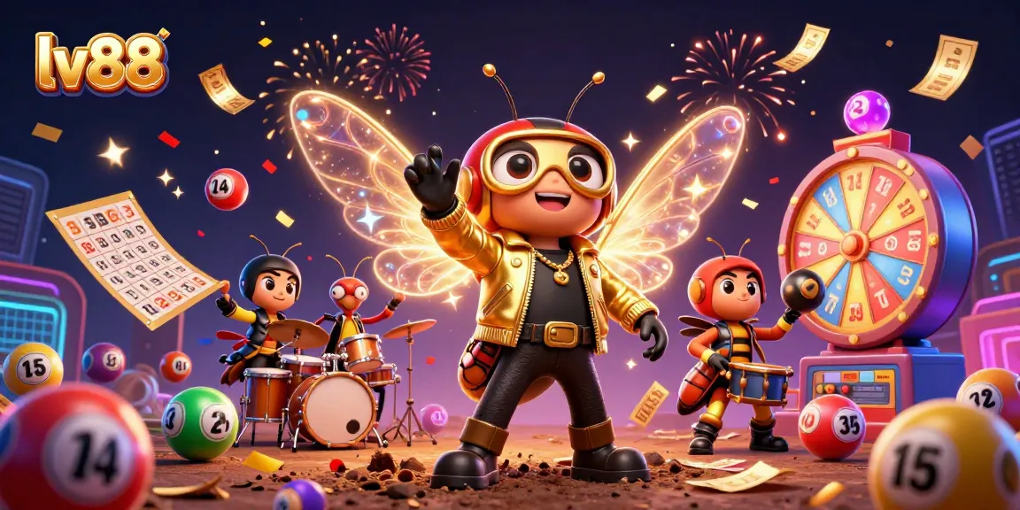 Win big with lv88's lively 3D gaming scene featuring a cicada rock star, vibrant lottery elements, and celebratory confetti.