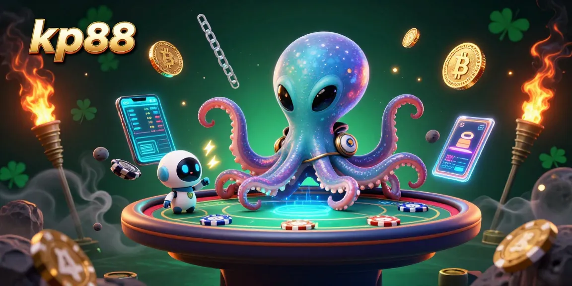 Engage with kp88 by exploring a vibrant alien casino scene featuring a poker-playing octopus.