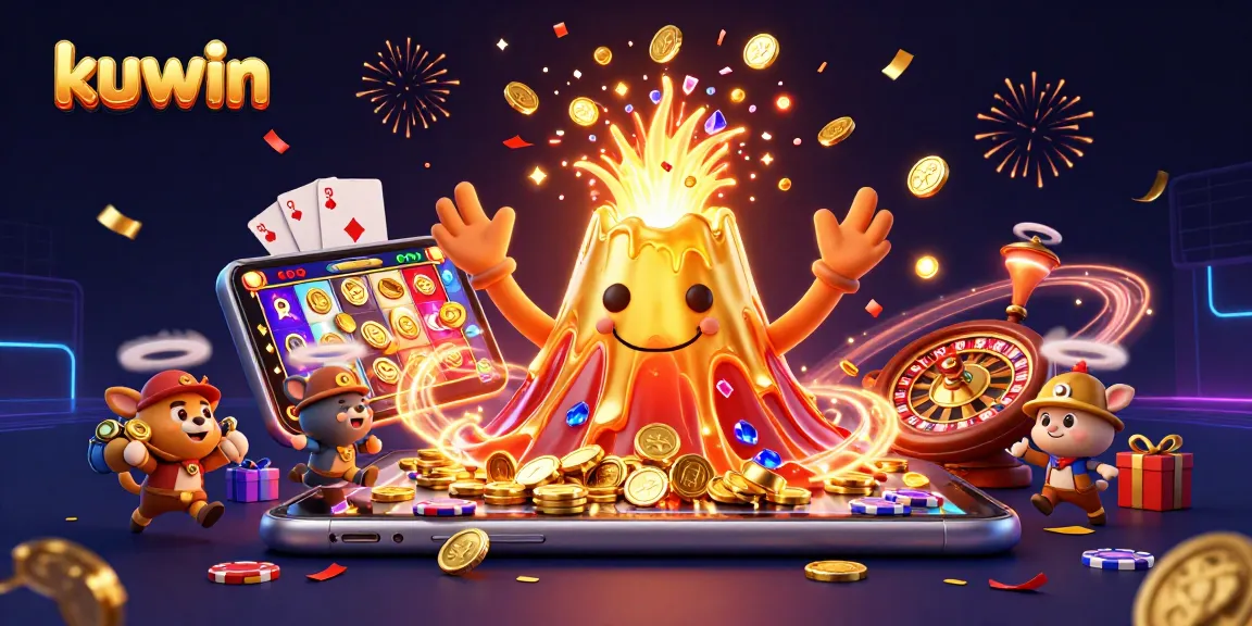 Win with kuwin, as the golden volcano erupts coins while explorers gather treasures in vibrant casino style.