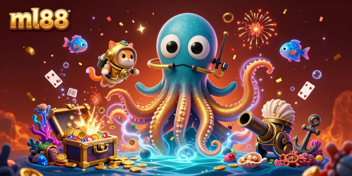 Play exciting games at ml88 while the cartoon kraken cherishes golden treasures and adventures.